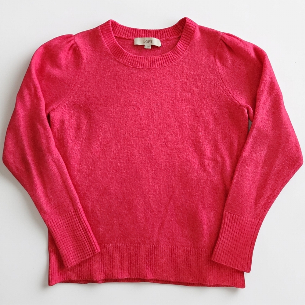 LOFT Crew Neck Puff Shoulder Sweater- Hot Pink- Size Medium